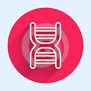 White line DNA symbol icon isolated with long shadow. Red circle button. Vector