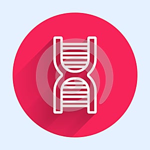 White line DNA symbol icon isolated with long shadow. Red circle button. Vector