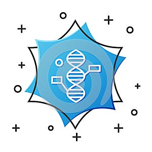 White line DNA symbol icon isolated on white background. Blue hexagon button. Vector Illustration