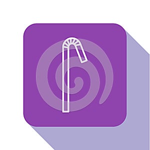 White line Drinking plastic straw icon isolated on white background. Purple square button. Vector Illustration