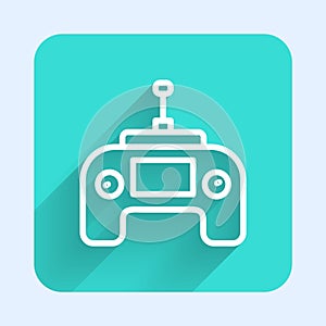 White line Drone radio remote control transmitter icon isolated with long shadow. Green square button. Vector