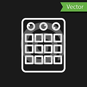 White line Drum machine icon isolated on black background. Musical equipment. Vector