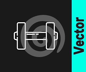 White line Dumbbell icon isolated on black background. Muscle lifting icon, fitness barbell, gym, sports equipment