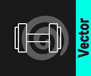 White line Dumbbell icon isolated on black background. Muscle lifting icon, fitness barbell, gym, sports equipment