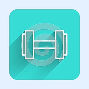 White line Dumbbell icon isolated with long shadow. Muscle lifting icon, fitness barbell, gym, sports equipment