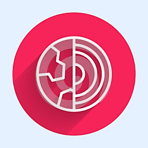 White line Earth core structure crust icon isolated with long shadow background. Red circle button. Vector