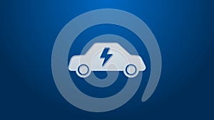 White line Electric car and electrical cable plug charging icon isolated on blue background. Renewable eco technologies