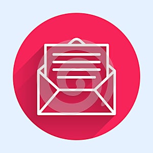 White line Envelope icon isolated with long shadow. Email message letter symbol. Red circle button. Vector Illustration