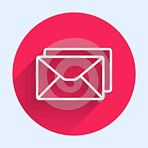 White line Envelope icon isolated with long shadow. Email message letter symbol. Red circle button. Vector Illustration