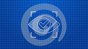 White line Eye scan icon isolated on blue background. Scanning eye. Security check symbol. Cyber eye sign. 4K Video