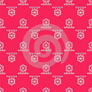 White line Ferris wheel icon isolated seamless pattern on red background. Amusement park. Childrens entertainment