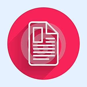 White line File document icon isolated with long shadow background. Checklist icon. Business concept. Red circle button