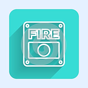 White line Fire alarm system icon isolated with long shadow. Pull danger fire safety box. Green square button. Vector