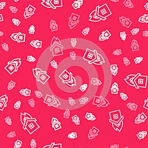 White line Fire in burning house icon isolated seamless pattern on red background. Insurance concept. Security, safety