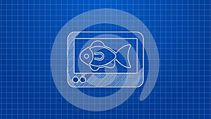 White line Fish finder echo sounder icon isolated on blue background. Electronic equipment for fishing. 4K Video motion