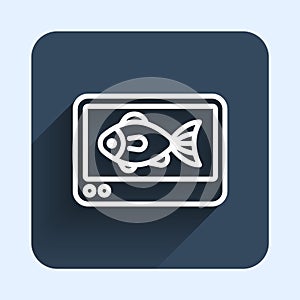 White line Fish finder echo sounder icon isolated with long shadow background. Electronic equipment for fishing. Blue