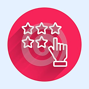 White line Five stars customer product rating review icon isolated with long shadow background. Favorite, best rating