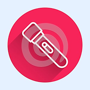 White line Flashlight icon isolated with long shadow. Red circle button. Vector