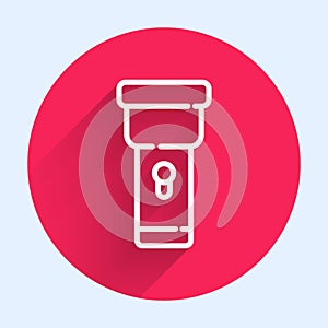White line Flashlight icon isolated with long shadow. Red circle button. Vector