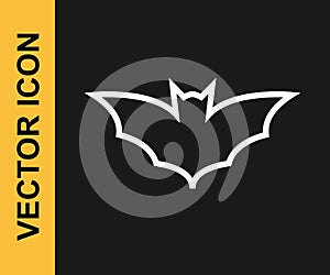 White line Flying bat icon isolated on black background. Happy Halloween party. Vector