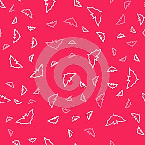 White line Flying bat icon isolated seamless pattern on red background. Happy Halloween party. Vector