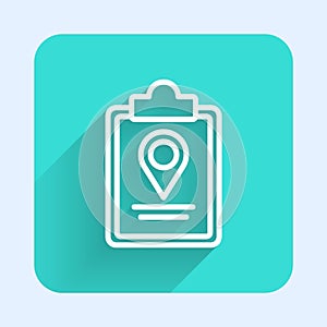 White line Folded map with location marker icon isolated with long shadow. Green square button. Vector Illustration