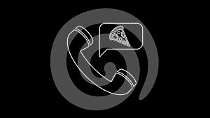 White line Food ordering pizza icon isolated on black background. Order by mobile phone. Restaurant food delivery