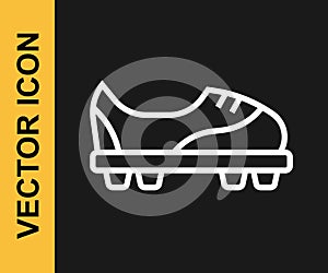 White line Football shoes icon isolated on black background. Soccer boots. Sport football foot protection. Vector