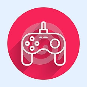 White line Gamepad icon isolated with long shadow background. Game controller. Red circle button. Vector