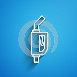 White line Gasoline pump nozzle icon isolated on blue background. Fuel pump petrol station. Refuel service sign. Gas