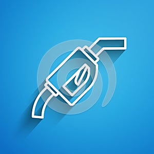 White line Gasoline pump nozzle icon isolated on blue background. Fuel pump petrol station. Refuel service sign. Gas
