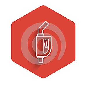 White line Gasoline pump nozzle icon isolated with long shadow background. Fuel pump petrol station. Refuel service sign