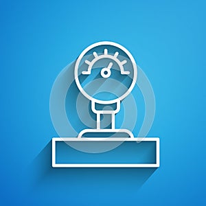 White line Gauge scale icon isolated on blue background. Satisfaction, temperature, manometer, risk, rating, performance