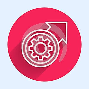 White line Gear and arrows as workflow process concept icon isolated with long shadow. Gear reload sign. Red circle