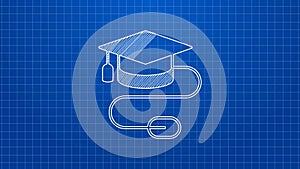 White line Graduation cap with mouse icon isolated on blue background. World education symbol. Online learning or e