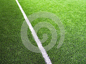 white line on green grass of futsal field or football field