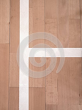 White line in hall playground. Renewal wooden floor