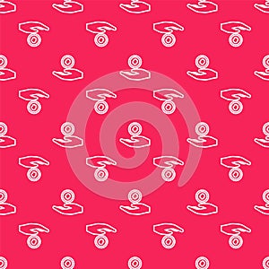 White line Hand holding coin money icon isolated seamless pattern on red background. Dollar or USD symbol. Cash Banking