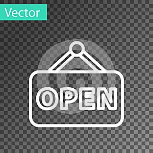 White line Hanging sign with text Open door icon isolated on transparent background. Vector Illustration