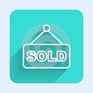 White line Hanging sign with text Sold icon isolated with long shadow background. Auction sold. Sold signboard. Bidding
