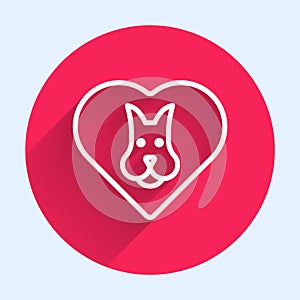 White line Heart with dog icon isolated with long shadow background. Pet paw in heart. Love to the animals. Red circle