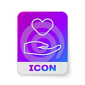 White line Heart in hand icon isolated on white background. Hand giving love symbol. Valentines day symbol. Rectangle