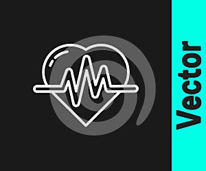 White line Heart rate icon isolated on black background. Heartbeat sign. Heart pulse icon. Cardiogram icon. Vector