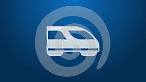 White line High-speed train icon isolated on blue background. Railroad travel and railway tourism. Subway or metro