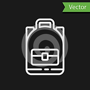 White line Hiking backpack icon isolated on black background. Camping and mountain exploring backpack. Vector