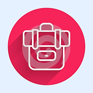 White line Hiking backpack icon isolated with long shadow background. Camping and mountain exploring backpack. Red