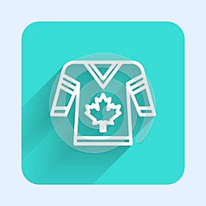 White line Hockey jersey icon isolated with long shadow background. Green square button. Vector