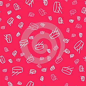 White line Hockey puck icon isolated seamless pattern on red background. Vector