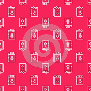 White line Holy bible book icon isolated seamless pattern on red background. Vector Illustration