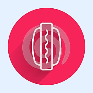 White line Hotdog sandwich icon isolated with long shadow background. Sausage icon. Fast food sign. Red circle button